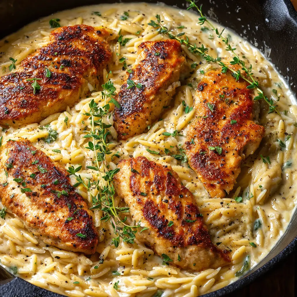 Simmering creamy orzo pasta in a cast iron skillet topped with golden seared chicken tenders and coarse black pepper.