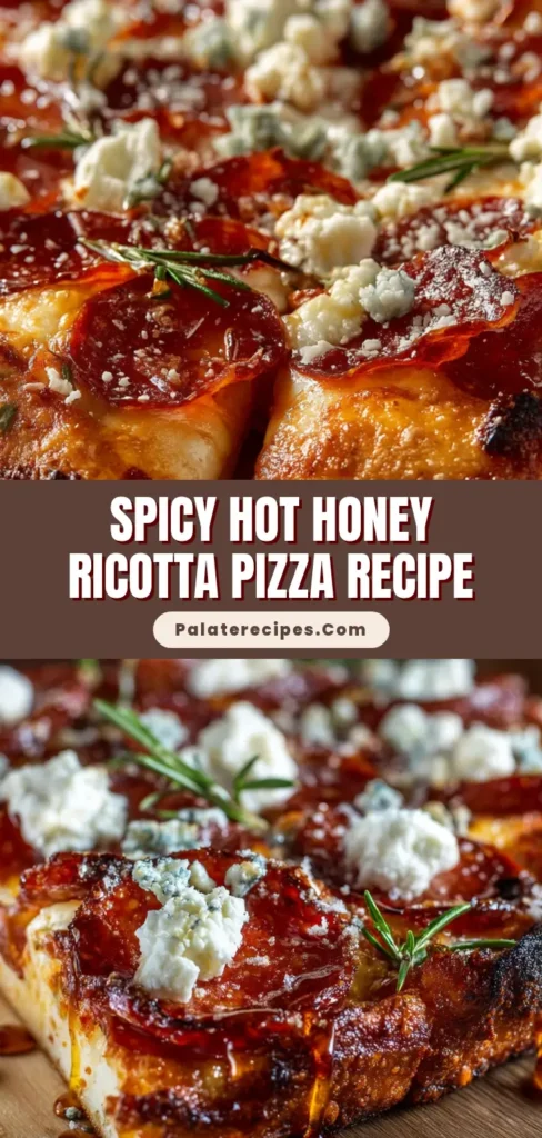 Extreme close-up of a rustic homemade hot honey pepperoni pizza sliced on a wooden board, featuring melted mozzarella, cupped pepperoni, ricotta, blue cheese, and rosemary.