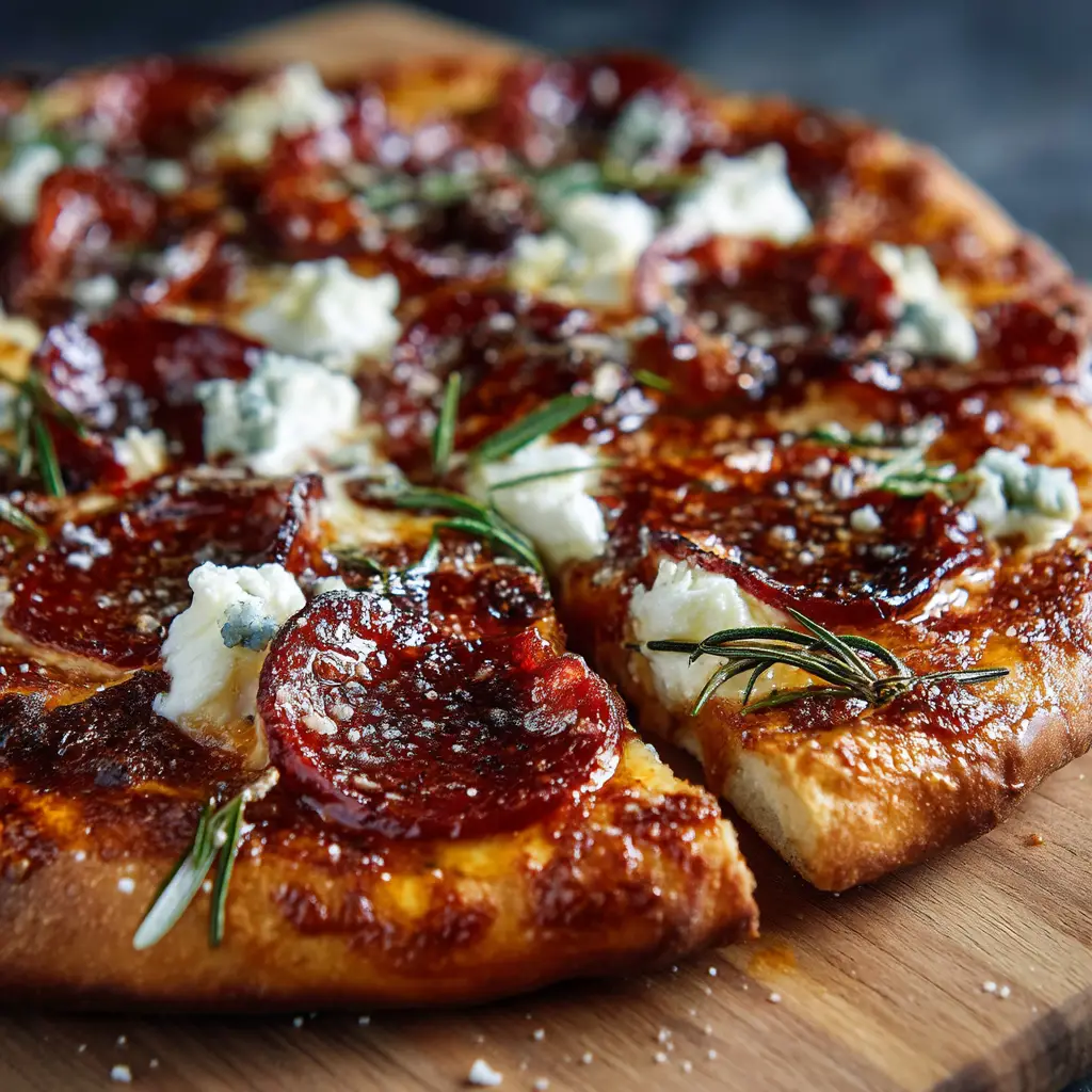 Close up of a golden-brown charred pizza crust topped with melted mozzarella, crispy cupped pepperoni, large dollops of ricotta, and a glossy hot honey drizzle.