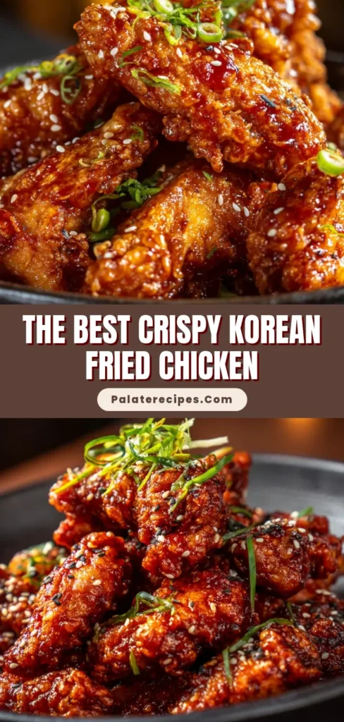 A close-up shot of crispy, golden-brown Korean fried chicken wings piled high in a dark ceramic bowl, coated in a glossy gochujang glaze. (Korean Fried Chicken Recipe)