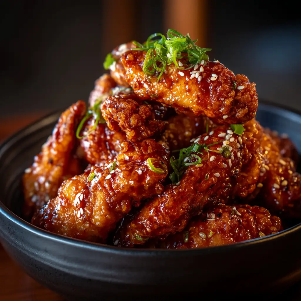 Golden-brown, double-fried Korean fried chicken wings resting under dramatic, warm lighting.