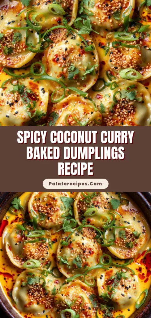 A photorealistic, macro overhead shot of perfectly arranged baked dumplings in a rustic dark baking dish, bathed in a creamy light orange coconut curry sauce and drizzled with red chili crisp.