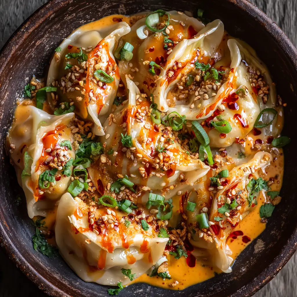 Baked dumplings covered in a smooth, light orange coconut curry sauce before going into the oven.