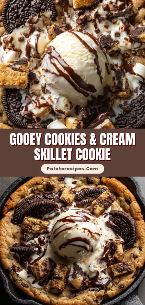 Close-up overhead shot of a warm, golden brown Cookies & Cream Skillet Cookie in a cast iron pan topped with ice cream.