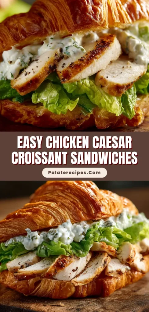 A close-up shot of a gourmet Chicken Caesar Croissant Sandwich on a rustic cutting board, featuring grilled chicken, romaine, and creamy dressing.