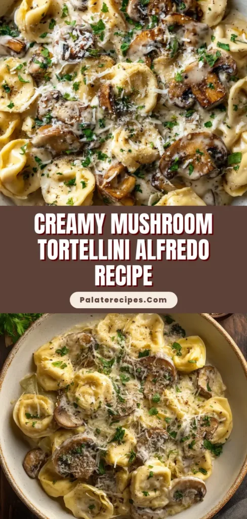 Overhead view of Creamy Mushroom Tortellini Alfredo in a rustic shallow white ceramic bowl with a heavy garnish of parmesan, black pepper, and fresh parsley.