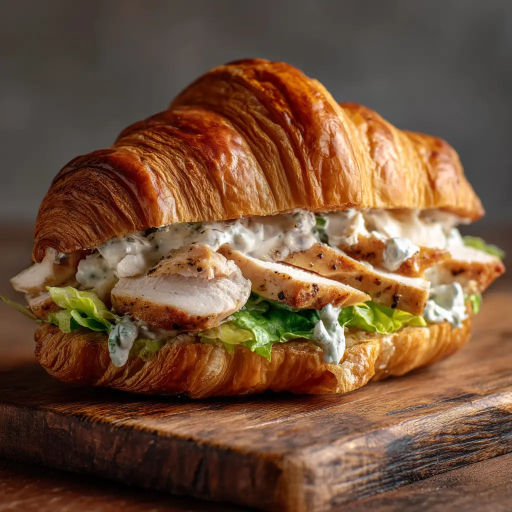 Creamy white Caesar dressing with black pepper flecks drizzled over sliced grilled chicken in a croissant sandwich.