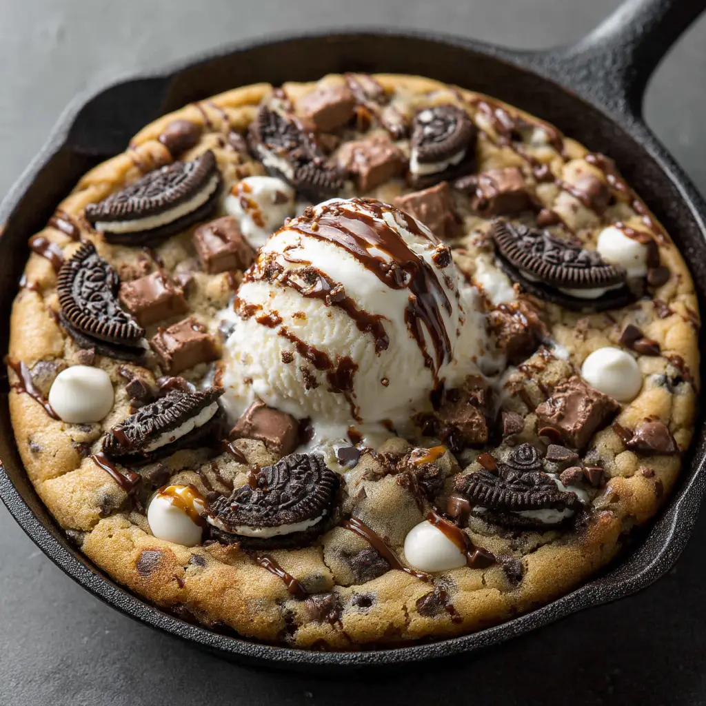 Vanilla bean ice cream melting over a hot Cookies & Cream Skillet Cookie with chocolate syrup drizzle.