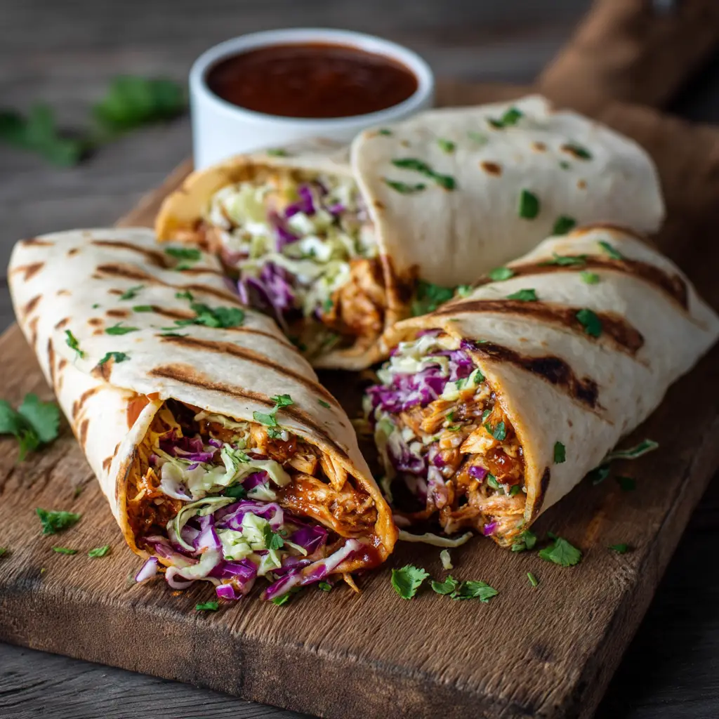 Ultimate BBQ Chicken Wraps with Crunchy Coleslaw 2 A close up of a BBQ chicken wrap with light grill marks, revealing a vibrant filling of shredded chicken and creamy purple and green coleslaw.