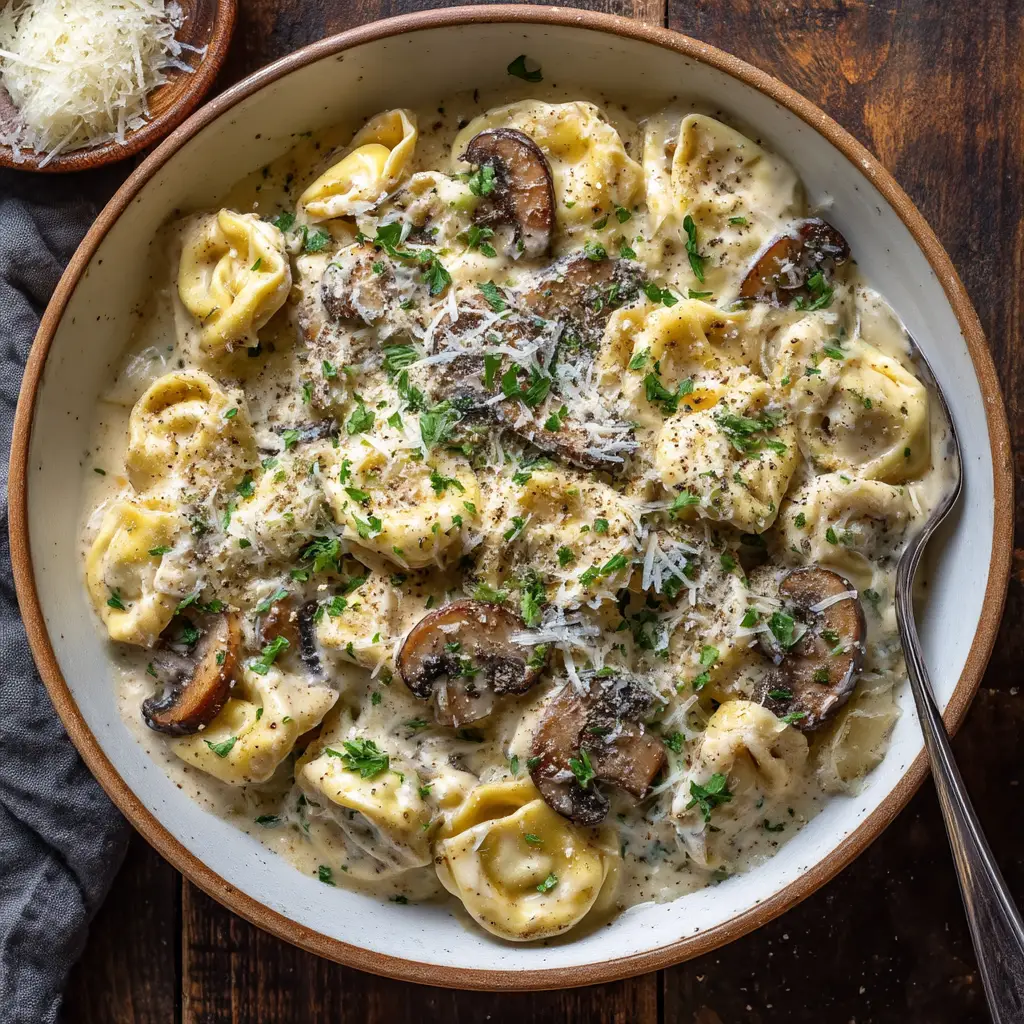 Sautéing sliced cremini mushrooms in a skillet with melted butter and olive oil until golden brown.