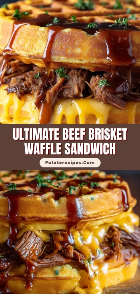 Close-up of a hyperrealistic Beef Brisket Waffle Sandwich on a dark wooden surface with dripping cheese.