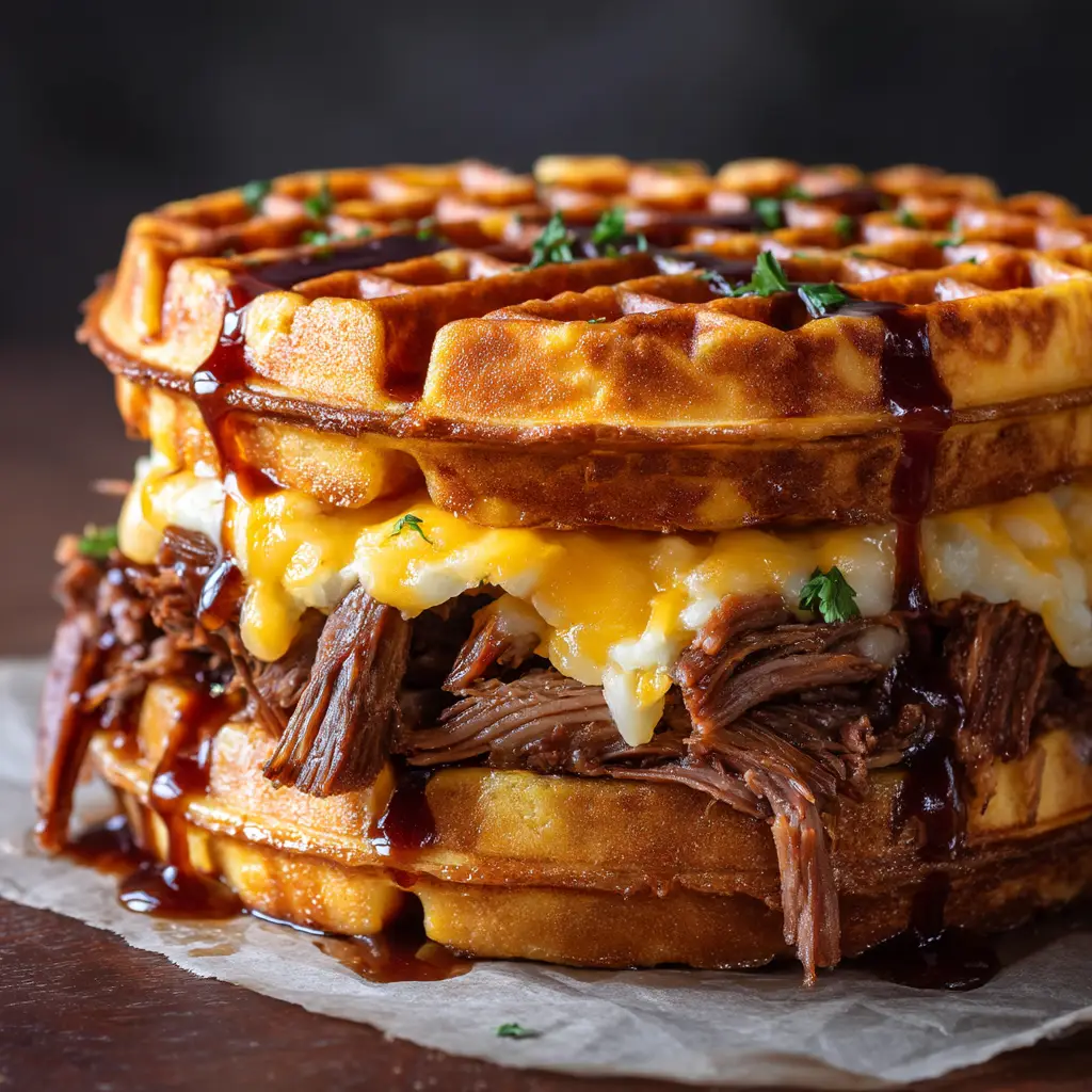 Dark savory sauce drizzled over the top of a golden Belgian waffle sandwich filled with beef brisket.