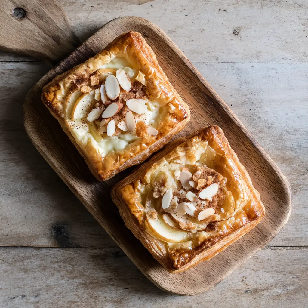 Two square apple cream cheese danishes resting on a light-colored wood surface bathed in bright, natural light.