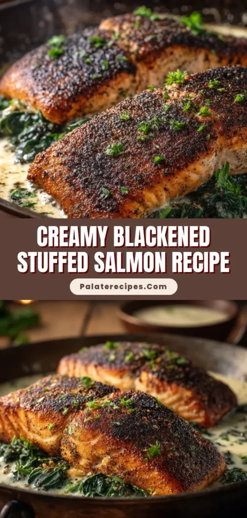 A close-up vertical shot of decadent blackened stuffed salmon resting on wilted spinach in a creamy bubbling sauce, garnished with chopped parsley.