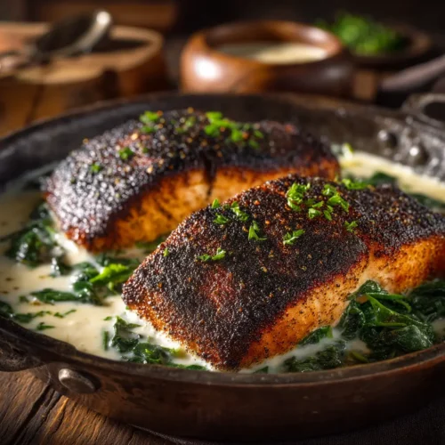 Decadent Blackened Stuffed Salmon in Creamy Parmesan Spinach Sauce