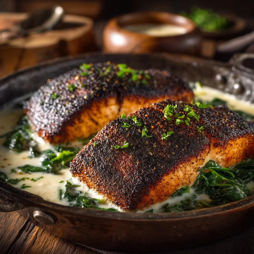 Photorealistic shot of glistening blackened salmon resting on creamy parmesan spinach sauce in a rustic skillet.