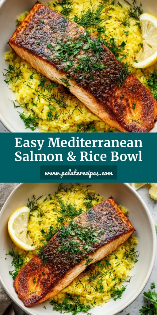 Perfectly Pan-Seared Mediterranean Salmon and Rice 4 A hyper-realistic top-down flat lay of pan-seared Mediterranean salmon with crispy skin on a bed of yellow lemon rice, garnished with dill, parsley, and lemon wedges.