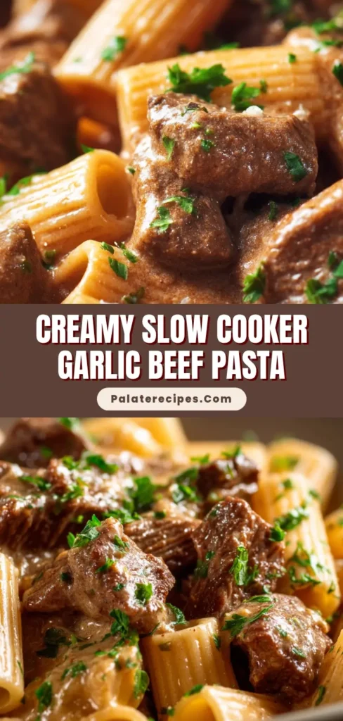 Extreme close-up of Slow Cooker Garlic Beef Pasta featuring tender chunks of beef and rigatoni in a brown cream sauce.