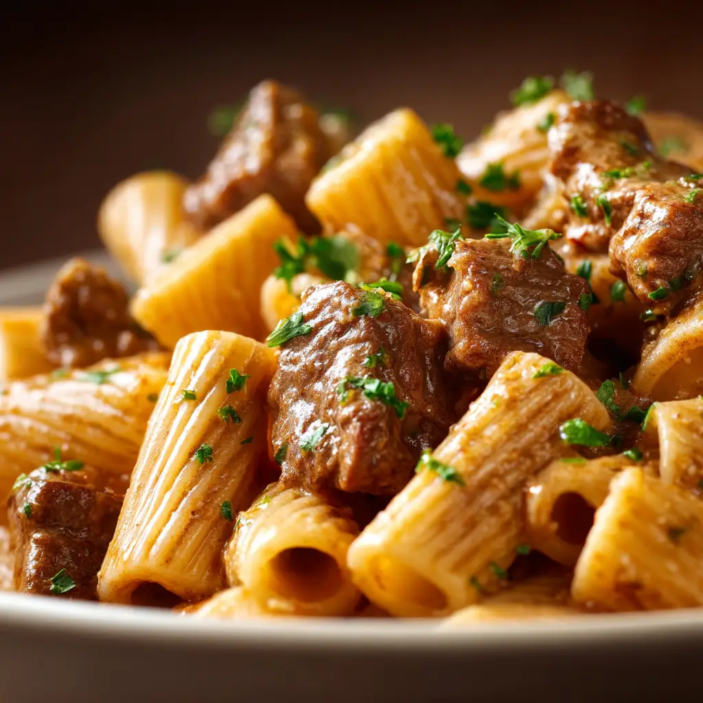 Appetizing photorealistic food photography of slow cooked beef chuck and pasta in warm lighting.