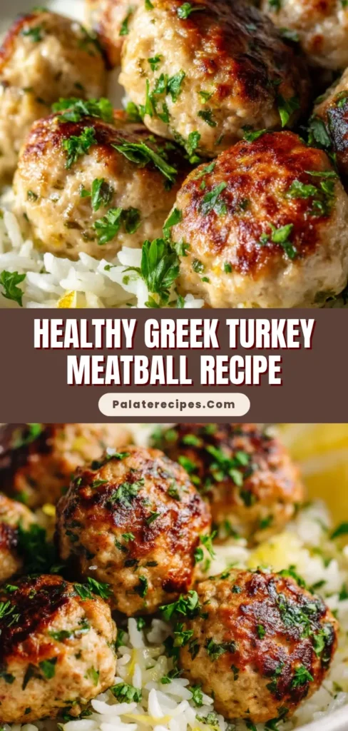 Golden-Brown Greek Turkey Meatballs with Lemon Herb Rice 4 A shallow white ceramic bowl filled with fluffy lemon herb rice topped with golden-brown Greek turkey meatballs.