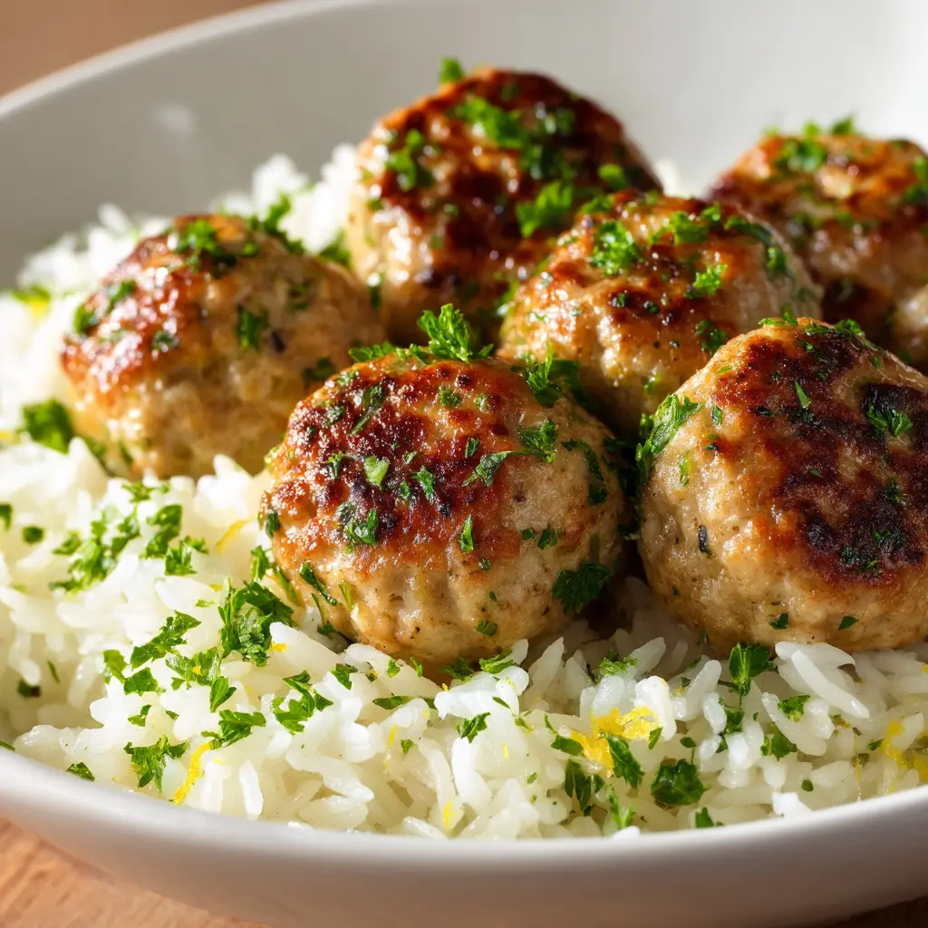 Golden-Brown Greek Turkey Meatballs with Lemon Herb Rice 3 Close-up of fresh ingredients for Greek turkey meatballs including ground turkey, herbs, and lemon.