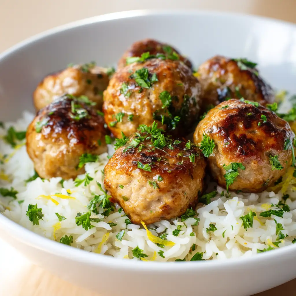 Golden-Brown Greek Turkey Meatballs with Lemon Herb Rice 2 Glistening, golden-brown Greek turkey meatballs searing in a skillet.