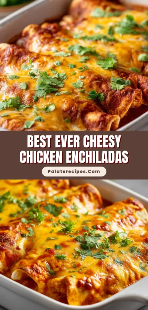 The Best Cheesy Chicken Enchiladas 4 Close-up of cheesy chicken enchiladas in a white ceramic baking dish covered in bubbly golden-brown cheddar and Monterey Jack cheese, rich red sauce, and fresh cilantro.