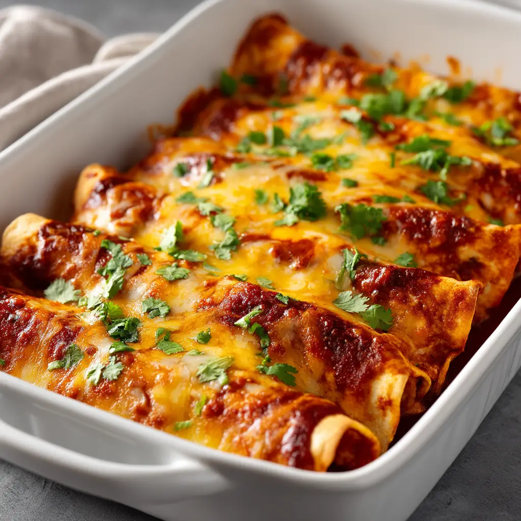 The Best Cheesy Chicken Enchiladas 2 A 45-degree angle professional food photography shot of gooey, cheese-topped chicken enchiladas garnished with chopped cilantro.
