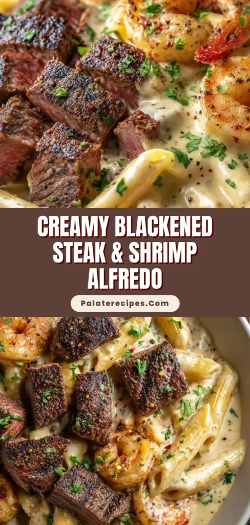 A close-up, high-angle food photography shot of creamy blackened steak and shrimp alfredo in a shallow white bowl on a rustic dark wood surface.