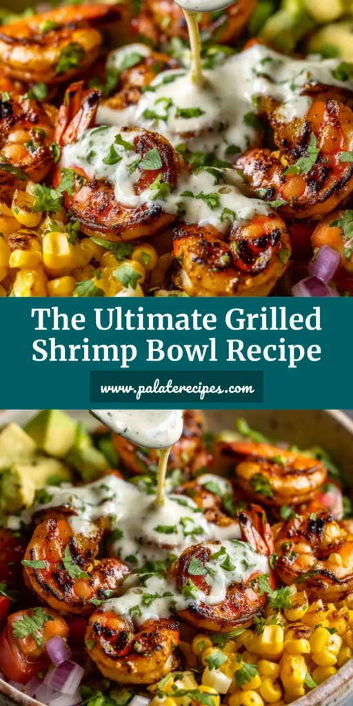 The Ultimate Char-Grilled Shrimp Bowl with Creamy Garlic Sauce 4 A rustic white ceramic bowl filled with a fresh Grilled Shrimp Bowl, topped with corn salsa, avocado chunks, and creamy garlic sauce.