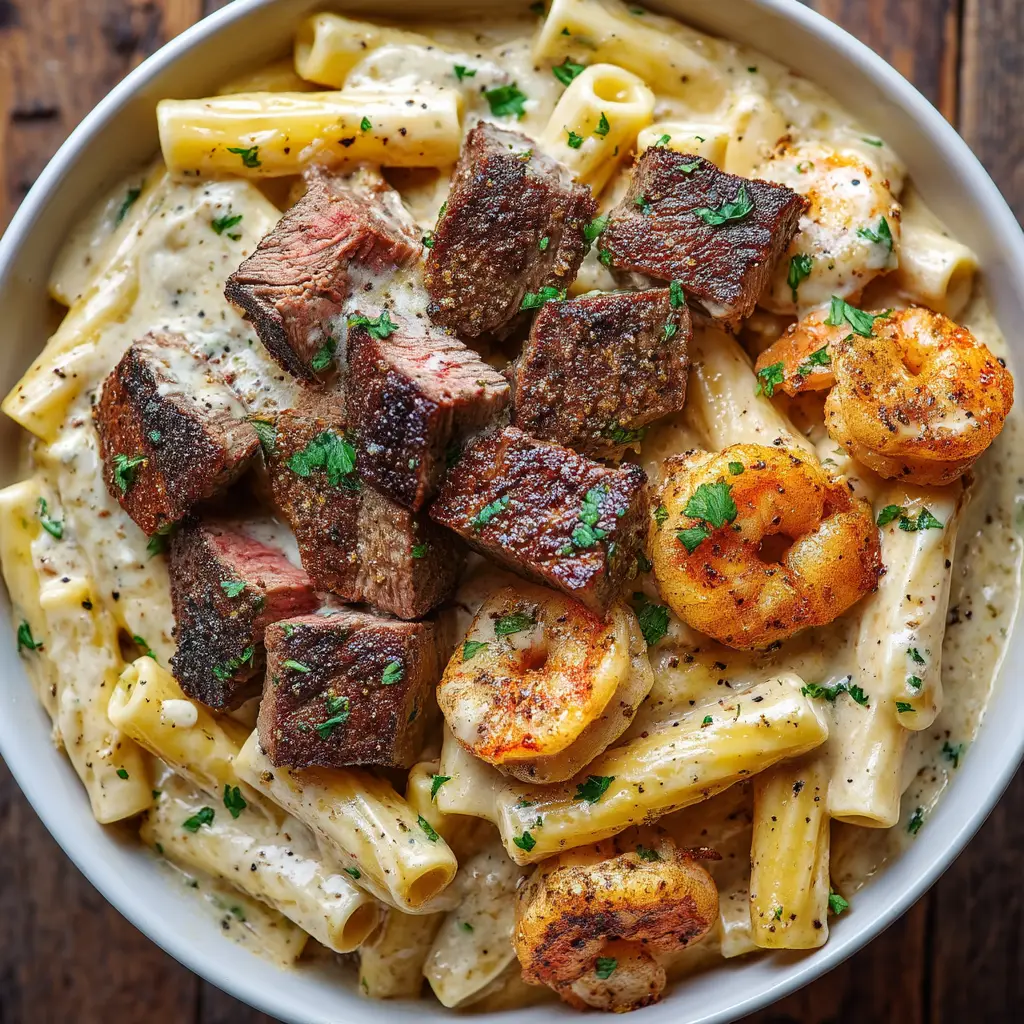 Close-up of perfectly grilled, bite-sized cubes of medium-rare sirloin steak with char marks and plump pink shrimp resting on creamy alfredo pasta.