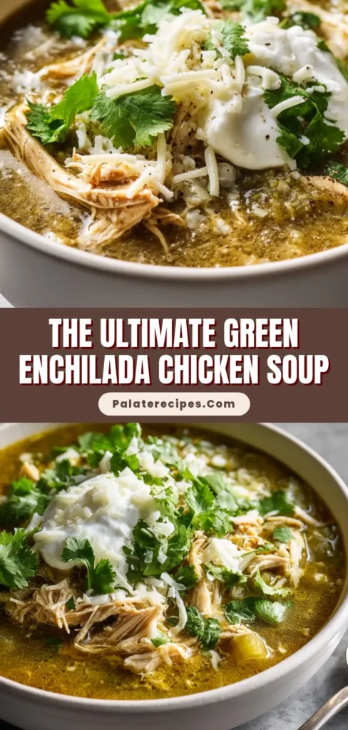 A close-up, food magazine-quality shot of a hearty green enchilada chicken soup in a modern white ceramic bowl, garnished with sour cream, shredded white Monterey Jack cheese, and fresh cilantro leaves.