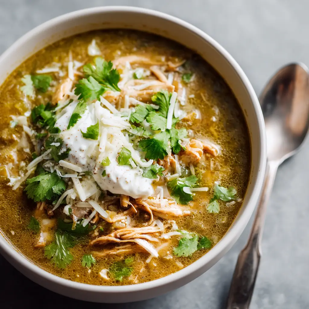 A highly detailed close-up shot of green enchilada soup topped with a dollop of creamy white sour cream and a generous sprinkle of shredded white Monterey Jack cheese.