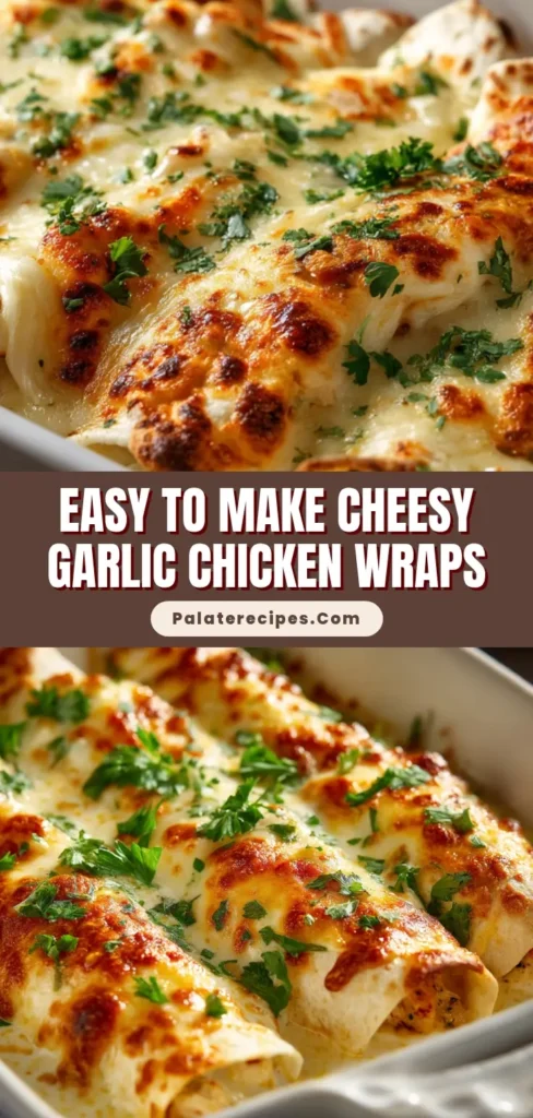 A ceramic baking dish filled with Cheesy Garlic Chicken Wraps covered in bubbly melted provolone and fresh parsley.