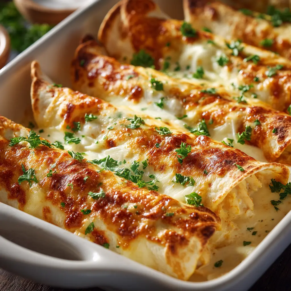 Close up of cheesy garlic chicken wrap filling with shredded chicken, provolone, and creamy sauce.