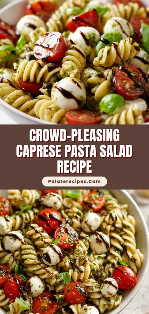 Close up shot of Caprese Pasta Salad in a large white ceramic bowl, featuring rotini, bocconcini, glistening cherry tomatoes, fresh basil, and a dark balsamic glaze drizzle.
