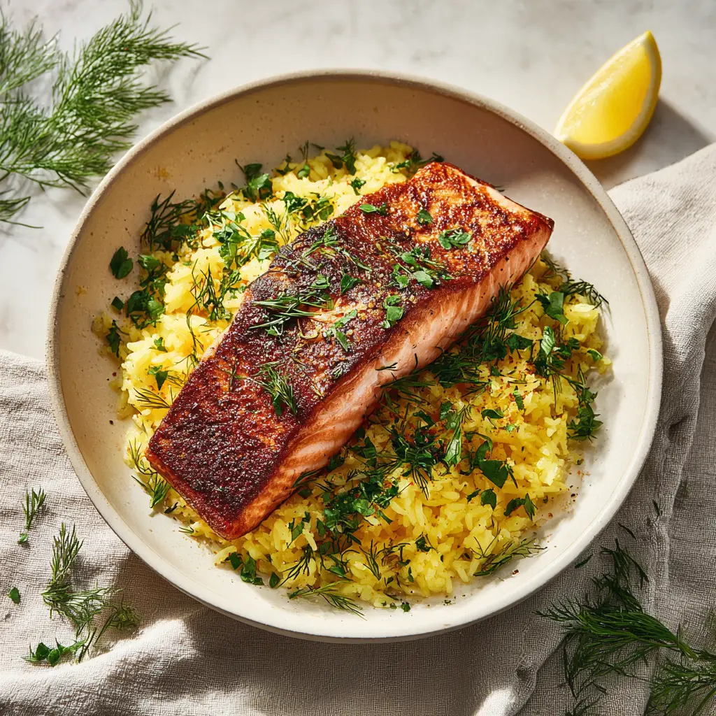 Perfectly Pan-Seared Mediterranean Salmon and Rice 3 Close up view of flaky pink salmon resting on vibrant fluffy yellow lemon rice with fresh chopped parsley.