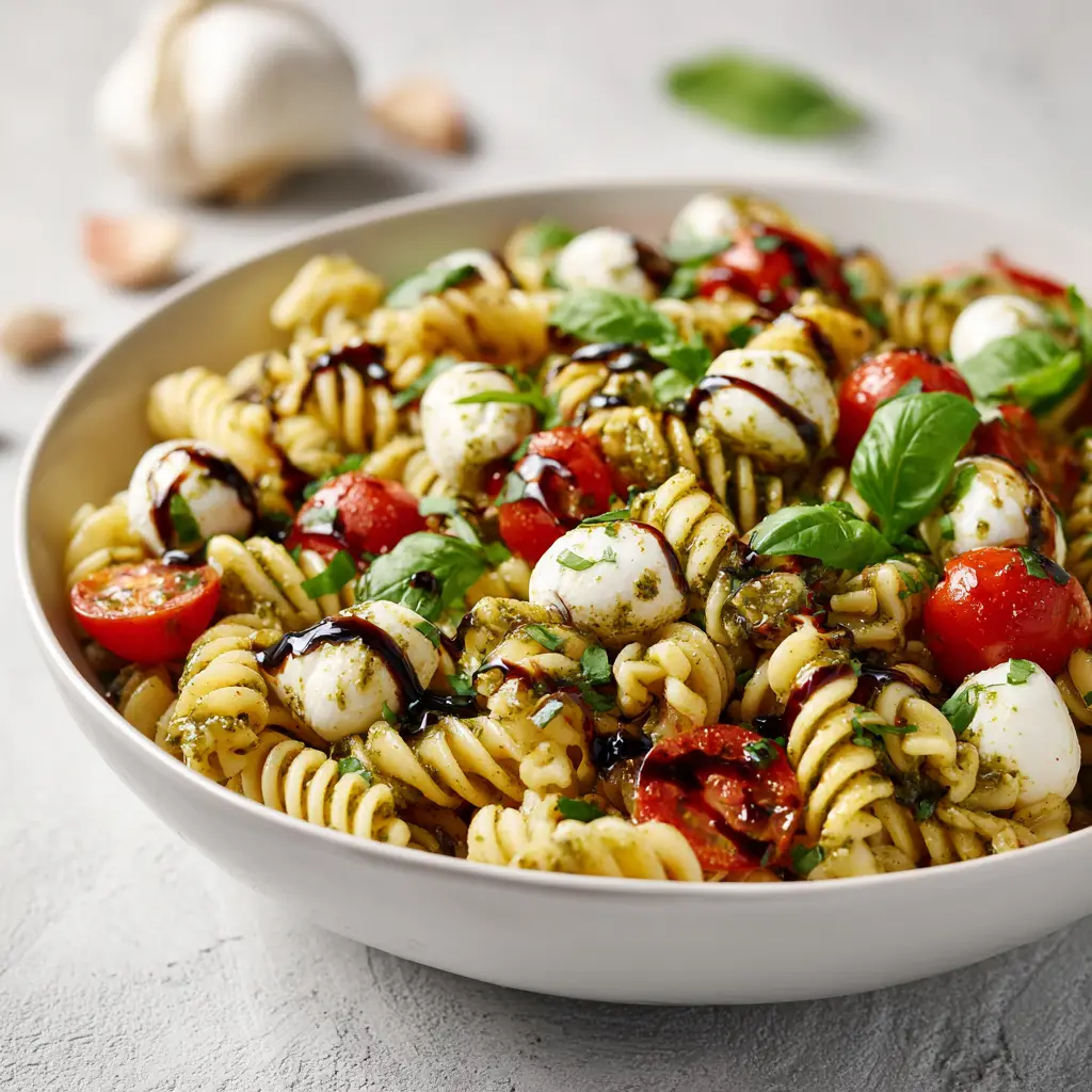Close up of Caprese pasta salad being tossed in a pesto-style dressing inside a white ceramic bowl, with a soft-focus garlic clove in the background.