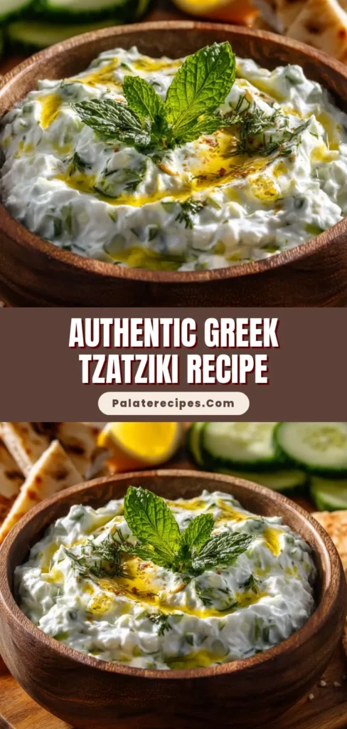 A rustic wooden bowl filled with creamy Greek tzatziki recipe, garnished with mint and olive oil, served with charred pita.