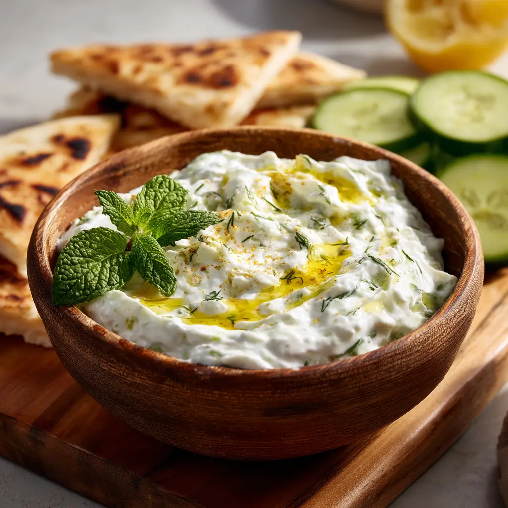 Thick, creamy tzatziki in a rustic wooden bowl with grated cucumber texture, a golden olive oil drizzle, and a mint sprig.