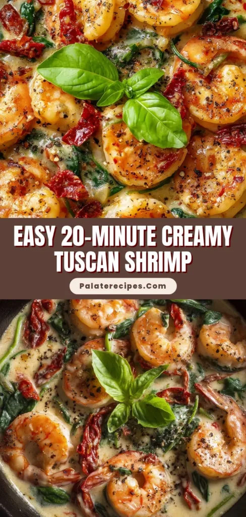 A close up, top-down view of Creamy Tuscan Shrimp in a black cast iron skillet featuring pink shrimp, wilted spinach, and sun-dried tomatoes.