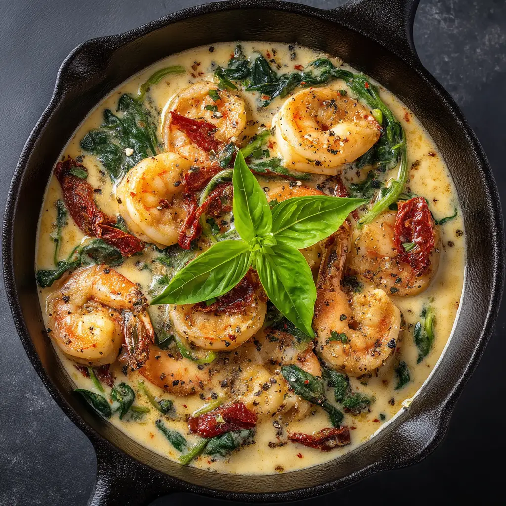 Succulent pink shrimp simmering in a glossy cream sauce with wilted spinach and sun-dried tomatoes in a cast iron skillet.