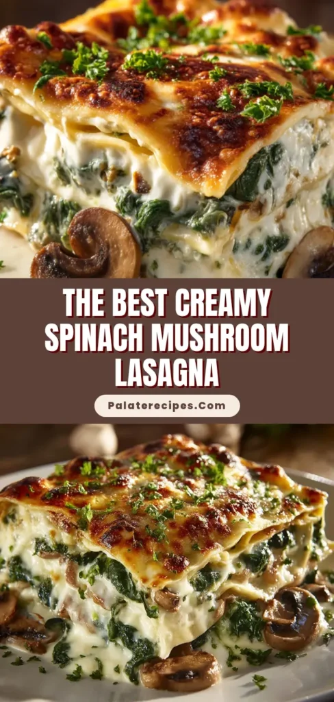 A towering slice of creamy spinach and mushroom lasagna with golden brown cheese and fresh parsley garnish.