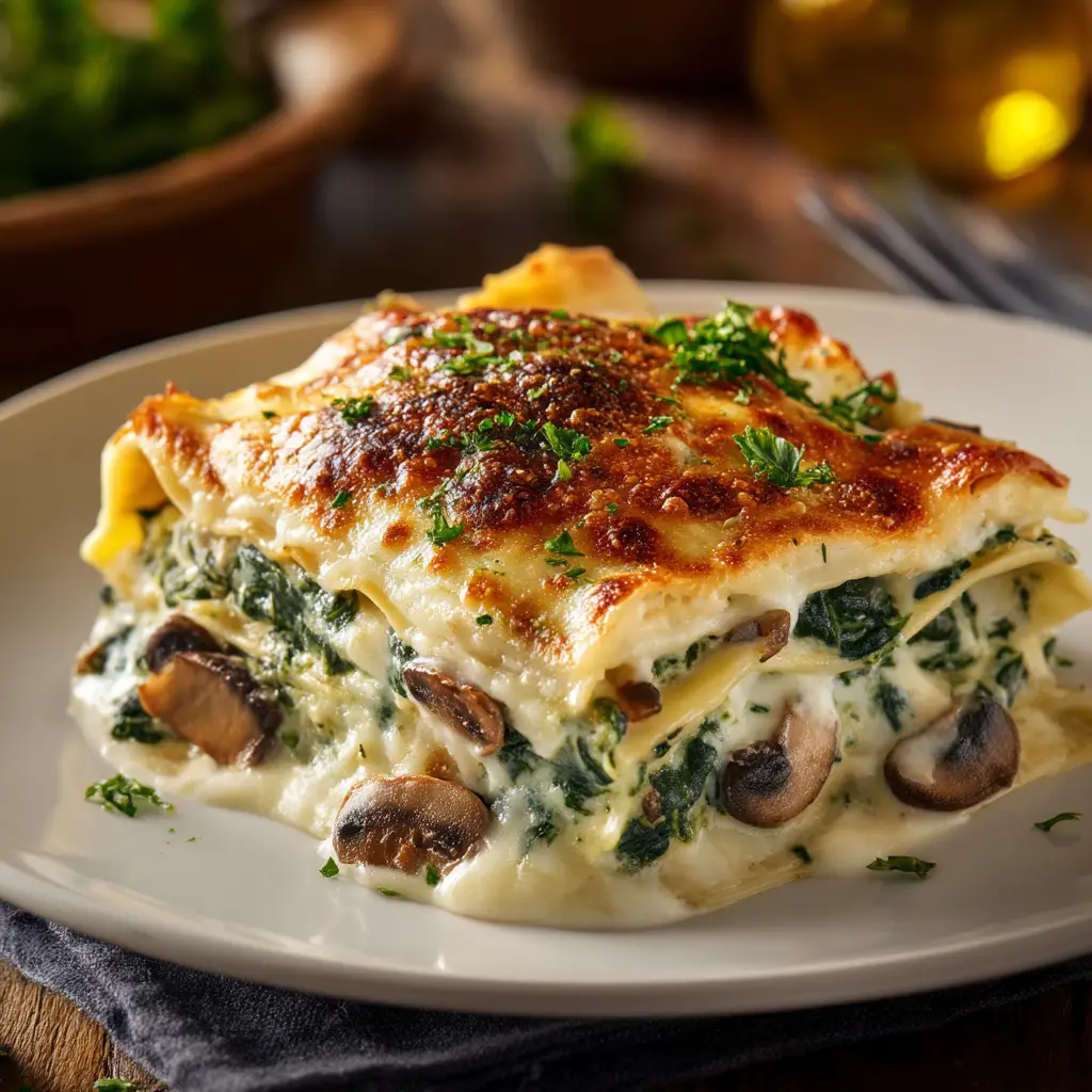 A generous slice of creamy spinach and mushroom lasagna served on a rustic wooden table showing distinct pasta layers.