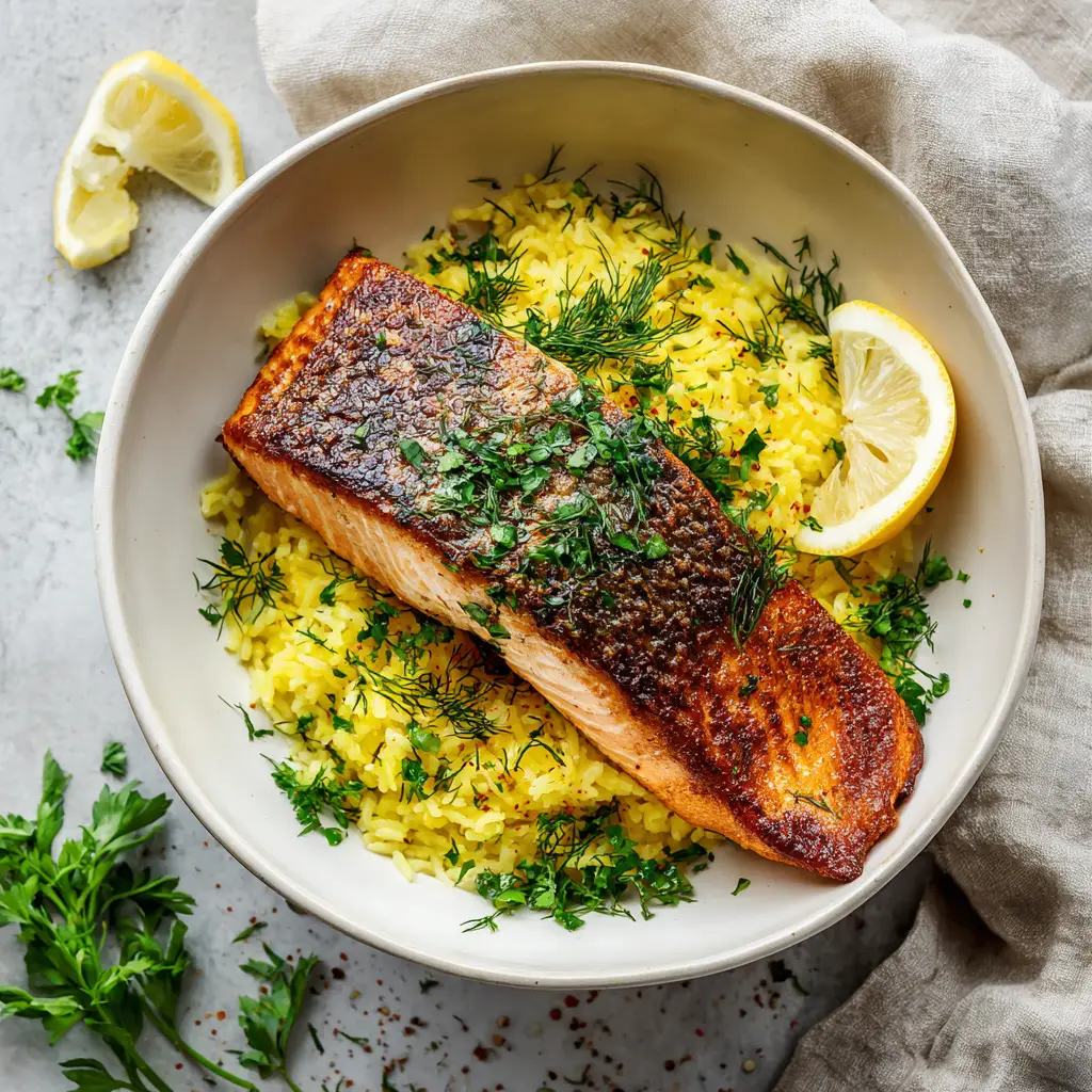 Perfectly Pan-Seared Mediterranean Salmon and Rice 2 A shallow white ceramic bowl displaying a beautifully pan-seared salmon fillet over vibrant yellow rice.