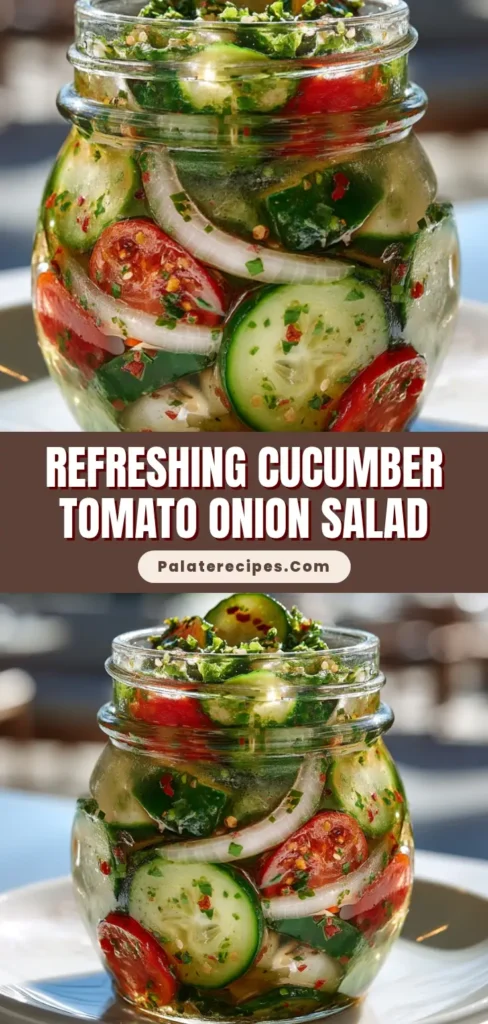 A vibrant marinated cucumber tomato salad layered inside a clear glass mason jar sitting on a small white plate.