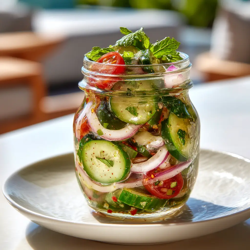 Clear glistening vinaigrette dressing with visible specks of green herbs and red pepper flakes.