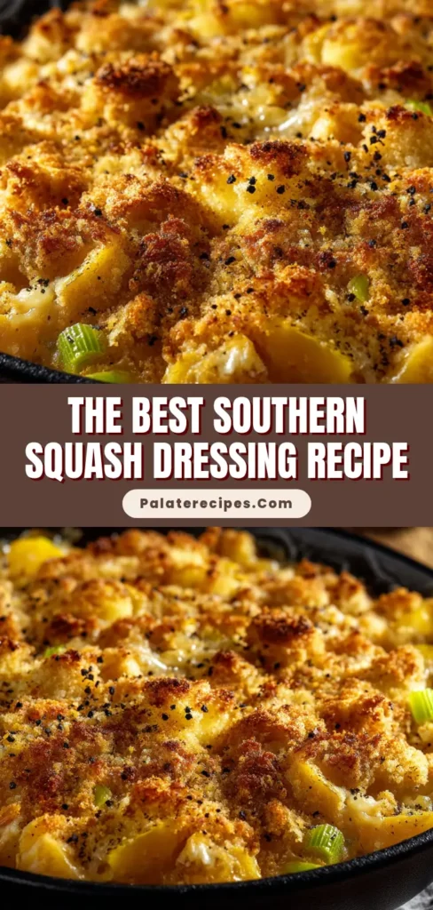 Extreme close-up of a freshly baked Southern Squash Dressing Recipe in a black cast iron skillet featuring a golden-brown breadcrumb topping.