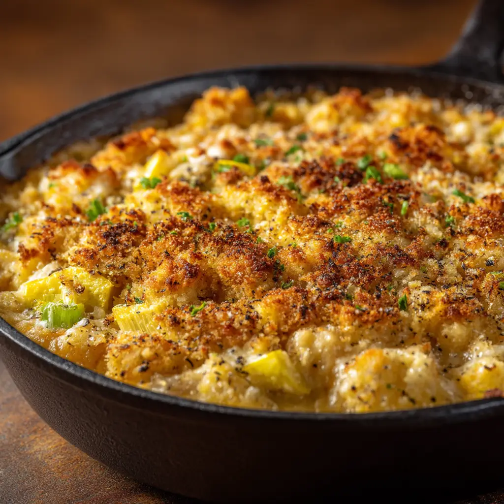 Golden-brown breadcrumb topping slightly crisped with black pepper over tender yellow squash dressing.