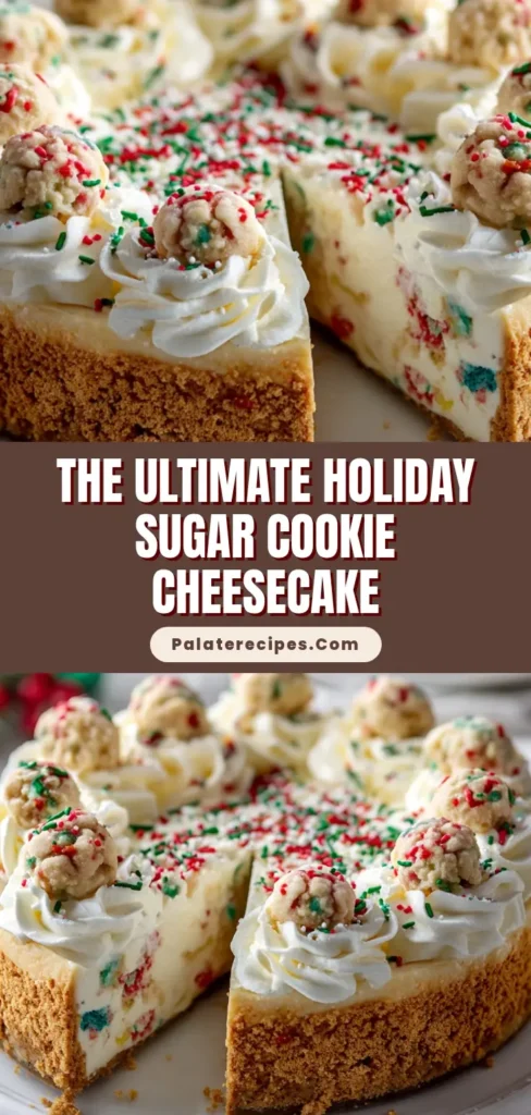 A close-up view of a whole Sugar Cookie Cheesecake on a white plate, topped with white frosting swirls, edible cookie dough balls, and festive sprinkles.